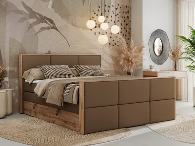 Produktbild von MKS MEBLE Doppelbett, Boxspringbett ALBERO 2 KING DUO mit zwei 7 Härtezonen Multipocket-Matratzen, genähtes Kopfteil und Front, Bettkästen - 140x200 cm - H4 - Braun Kunstleder