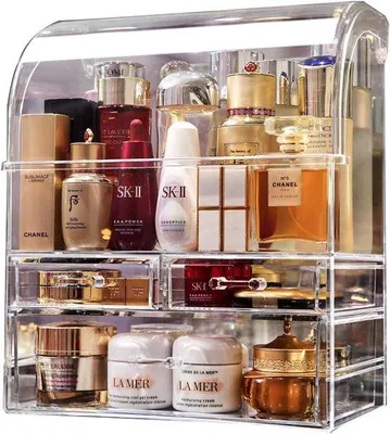 Immagine prodotto di Organizzatore per cosmetici in acrilico trasparente Unyqoos® ad alta capacità: 3 scomparti, 1 grande e 2 piccoli cassetti, dimensioni 30 x 17,5 x 35,5 cm
