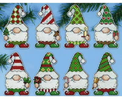 Productafbeelding van Design Works Kreuzstich borduurpakket "Kerstboomornamenten: Kabouters (set van 8)", telpatroon, 6,5 x 10 cm