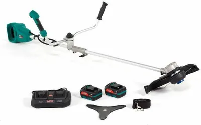 Zdjęcie produktu dla NAC BKB-2B40-LI-2x20V - Elektryczna wykaszarka szczotkowa z akumulatorem 20 V, w zestawie 2 akumulatory litowo-jonowe 4,0 Ah, podwójna ładowarka 3,0 A, przewód, ostrze stalowe, pasek na ramię, szer