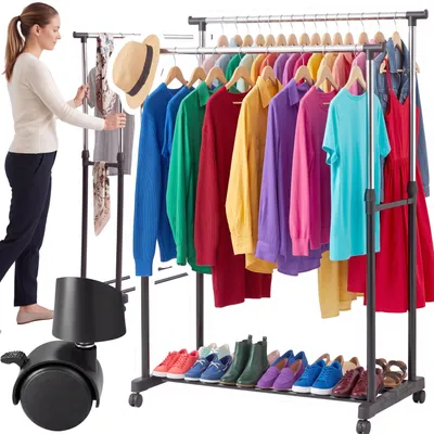 Produktbild von Garderobenständer Kleiderständer Kleiderregal aus Metall mit 2 Kleiderstangen als Doppelstange Kleiderstange mit Ablage Schuhregal Schlafzimmer Retoo