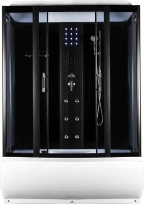 A modern black and white shower cabin with a bathtub.