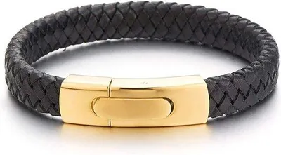 Image de Bracelet en cuir tressé noir avec fermoir en acier inoxydable doré