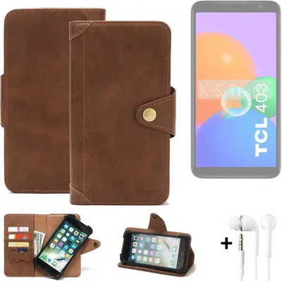 Produktbild von K-S-Trade Handyhülle + Kopfhörer kompatibel mit TCL 403 Schutz Hülle Walletcase Bookstyle Tasche Case Handytasche Wallet Flipcase Cover PolyurethanBraun