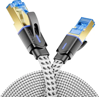 Produktbild von deleyCON 10m CAT 8 Netzwerkkabel Flach (Nylon, 40 Gbit/s, Kupfer Leiter) Gigabit Ethernet LAN Cable - Flaches Kabel Flachkabel Patchkabel Verlegekabel - RJ45 Stecker für CAT8 CAT7 CAT6 - Weiß