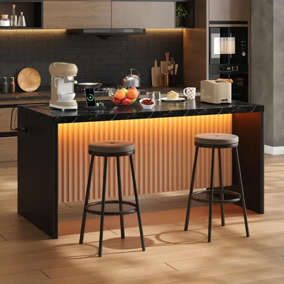 Produktbild von MODFU Kücheninsel Schwarz,Bartisch mit LED,Küchentisch mit 40 mm Arbeitsplatte,Esstisch im Marble Design,155x80x90cm