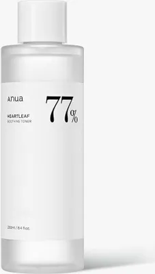 A clear, professional studio shot of a bottle of Anua Heartleaf 77% Soothing Toner against a plain white background.