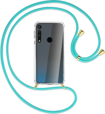 Produktbild von Handykette Backcover-Schutzhülle mit Band (Metall goldfarben) für Motorola One Macro - türkis