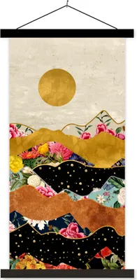 Produktbild von MuchoWow® Textilposter Gold - Blumen - Druck - Abstrakt - Landschaft - Muster 40x80 cm mit schwarzem Rahmen - Wandemalerei