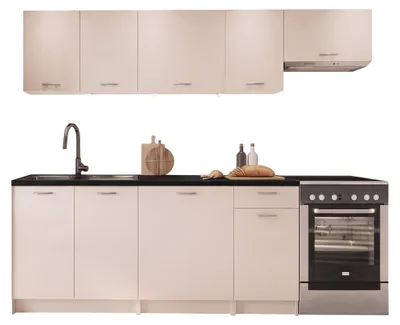 Produktbild von MIRJAN24 Küche Mela 240, Küchenzeile, 7 Schrank-Module frei kombinierbar, Küche-Set (Cashmere / Cashmere + Schwarz, mit LED Beleuchtung)