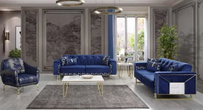 Produktbild von Luxus Blaue Sofagarnitur Designer Dreisitzer Couchtisch Beistelltisch