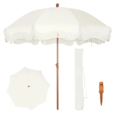 Produktbild von Balkon-Sonnenschirm, 200 cm, faltbar, rund mit Fransen, Boho-Strand-Sonnenschirm, Garten-Sonnenschirm, windfest, Balkon-Sonnenschirm mit Erdspieß für Terrasse, UPF 50+, milchig-weiß