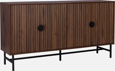A dark wood sideboard with a fluted front and black handles, shown from the front on a white background.