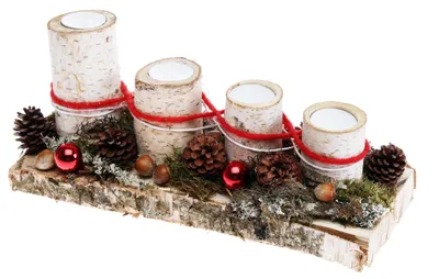 Produktbild von Adventsgesteck Birkenholz mit 4 Teelichtern rot CreaFlor Home
