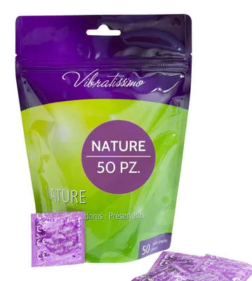 Immagine prodotto di VIBRATISSIMO Premium Preservativi Nature Confezione da 50 | Extra Umidi | Sottile Spessore & Colori Naturali | Condoms Ultra-Sottili & Trasparenti | Protezione per Uomini | L=53 mm