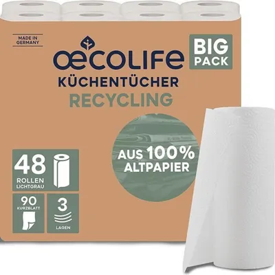 Produktbild von oecolife Küchentücher RECYCLING, 48 Rollen á 90 Blatt, Kurzblatt, Küchenrollen