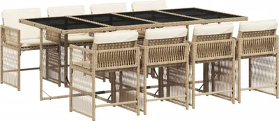 Produktbild von 9-tlg. Garten-Essgruppe mit Kissen Beige Poly Rattan
