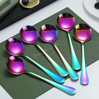 Produktbild von Famanu Suppenlöffel Set 6-teilig - Edelstahl mit Regenbogen-Titanbeschichtung
