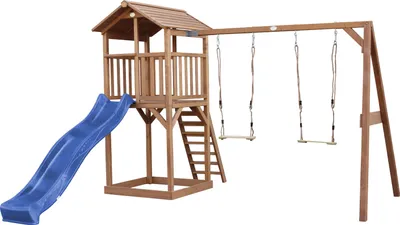 Produktbild von AXI Beach Tower Spielturm aus Holz in Braun | Spielhaus für Kinder mit blauer Rutsche, Doppelschaukel und Sandkasten | Stelzenhaus für den Garten