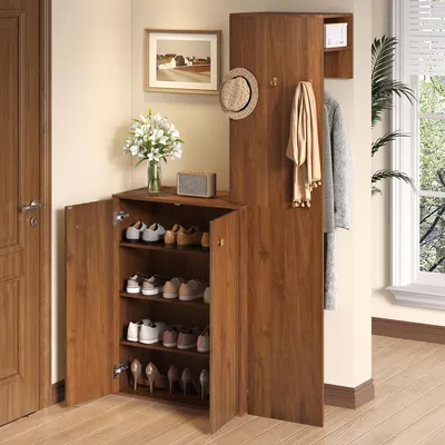 Image de OKWISH Armoire d'Entrée avec Tringle et Étagères - Meuble Multifonction en Noyer pour Hall
