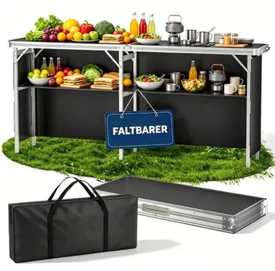 Obrázok produktu pre Prenosný skladací pult UISEBRT, rozmer 196 × 38 × 85 cm, hliníkový výstavný pult s odkladacou plochou, prepravná taška a látka Oxford, veľký predajný pult pre výstavy, trhy a podujatia