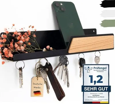 Produktbild von Unyqoos® Magnetischer Schlüsselhalter aus Eichenfurnier mit Ablage – 5 starke Magnete, schwarzes Metall, hergestellt in Europa