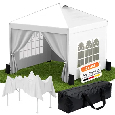 Produktbild von Arvioo Pavillon 3x3m mit Seitenteilen, Faltpavillon Wasserdicht Winterfest Mit Sandsäcke, Partyzelt Höhenverstellbar, UV Schutz Gartenpavillon, Weiß