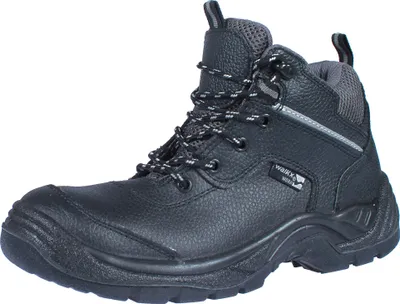 A single black work boot shown against a white background.