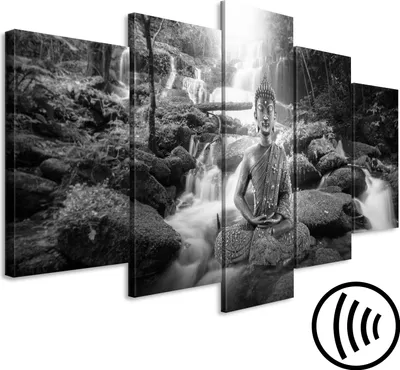 Produktbild von Akustikbild Buddha 200x100 cm Bilder Akustikschaum Hochleistungsschallabsorber Schallschutz Leinwand 5 tlg Wandbild Raumakustik Schalldämmung Wasserfall Zen p-C-0034-b-p