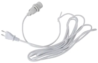 A white electrical cord with a plug and a light socket.
