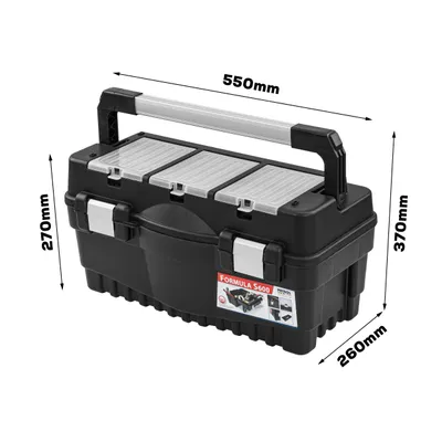 A black toolbox with dimensions indicated by measurement lines and text.
