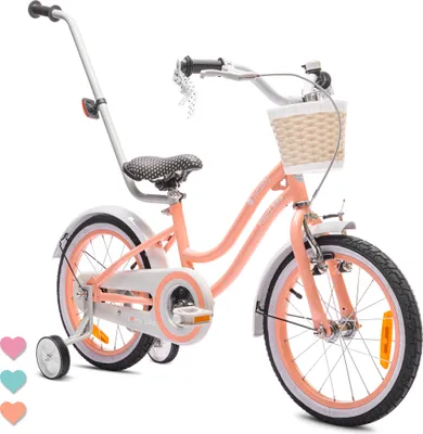 Produktbild von Kolo pro dívku 16 palců 4-6 let kolo s tréninkovými koly tlačné zařízení zvonek košík Heart Bike meruňka