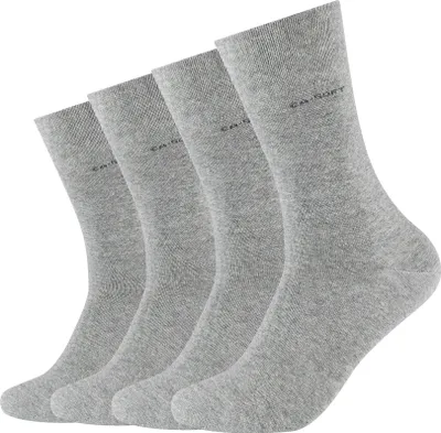 Four grey socks are arranged diagonally on a white background.
