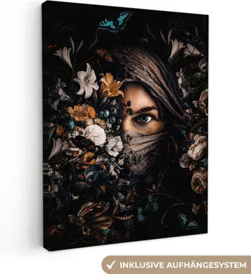 Produktbild von MuchoWow® - Leinwandbilder - Frau - Luxus - Blumen - Schmetterling - Porträt, Wandbild, Wanddeko Bilder Wohnzimmer, 60x80 cm