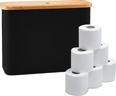 Obrázek produktu pro Relaxdays – držák na toaletní papír, 12 rolí, VxŠxH: 34,5 x 45 x 15 cm, látka, bambus, držák na náhradní role, černý
