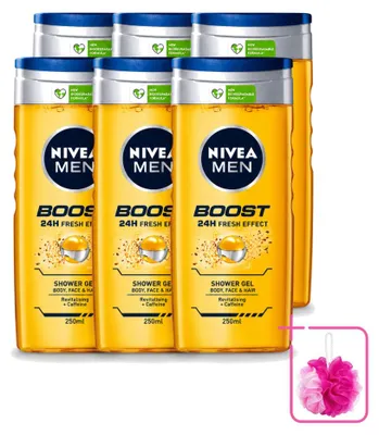 Imagen del producto de 6 unidades de gel de ducha NIVEA MEN Boost, 250 ml cada uno, pack ahorro