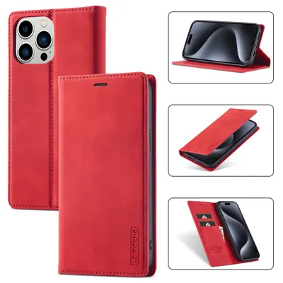 Obrázek produktu pro Kožené pouzdro pro iPhone 15 Pro Max, s funkcí stojánku a držákem karet, peněženkový design pouzdro červené