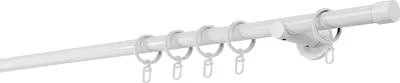 A white curtain rod with rings and a wall bracket, isolated on a white background.