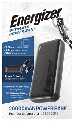 Produktbild von Energizer Powerbank UE20055PQ 20000 mAh 22,5 W 2 USB-C-Anschlüsse 1 USB-A-Anschluss Schnellladefunktion Schwarz