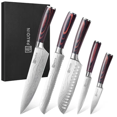 5-tlg. japanische Messerset, rostfreier Stahl, Kochmesser, Santoku