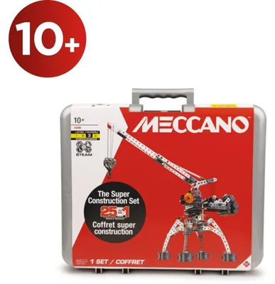 Produktbild von MECCANO Super Construction Metallbaukasten 25-in-1, 638 Teile mit Motor & Transportkoffer, 25 Modelle ab 10 Jahren