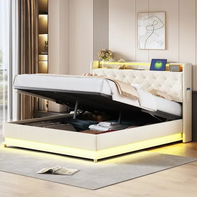 Produktbild von okwish Polsterbett Doppelbett 160x200cm mit LED und USB, hydraulisches Boxspringbett mit Stauraum, Lattenrost und Metallrahmen, Leinen(Ohne Matratze)-Beige