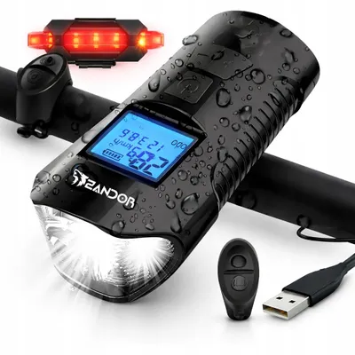 Obrázok produktu pre Sada bicyklových svetiel Zandor 4v1 LED, 1000 lúmenov, s počítadlom kilometrov, klaksónom 120 dB, USB, IP65