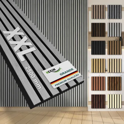 Produktbild von HEXIM Akustikpaneele 10 Stück 280x30cm Holz Grande - XXL Wandpaneele Platten Lamellen Holzpaneele Echtholzfurnier 21mm Filz Schalldämmung MDF Grau (8,41m² Grey Oak)