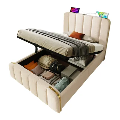 Produktbild von MODFU Boxspringbett Hydraulisches 90 x 200 cm mitmit Kopfteil mit USB Typ-C Ladefunktion, Polsterbett Einzelbett Stauraumbett mit Bettkasten Stauraum, Leinenstoff Beige(Ohne Matratze)