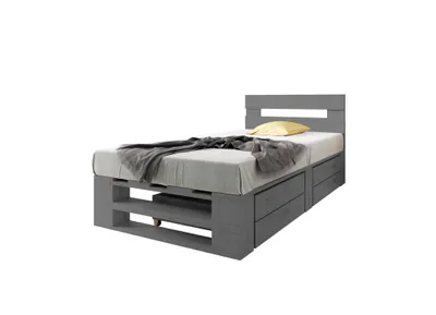 Produktbild von Lermowood Palettenbett M2 120 x 200 cm mit Kopfteil und 2 Bettkästen Grau Holzbett Massivholzbett Bett aus Paletten Seniorenbett Kinderbett Jugendbett