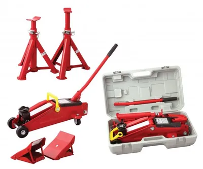 Produktbild von Hydraulischer Wagenheber Satz 2t, Hubhöhe 130-345 mm, mit 2 Unterstellböcken (277-365 mm) & 2 Unterlegkeilen im Koffer
