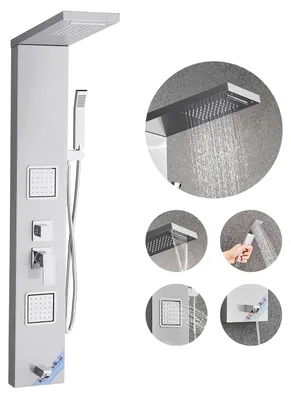 Productafbeelding van VEVOR Douchepaneel-torenset (5 standen) met regendouchekop, (1345 mm) douchekolom van 304 roestvrij staal, wandmontage regendouche-massage systeem, met handdouche & baduitloop & 2 lichaamsspuiters