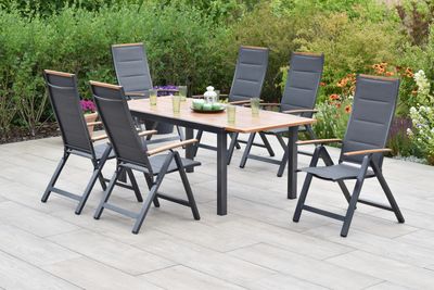 Merxx "Verona" Set 7tlg., 6 Klappsessel, Ausziehtisch 150 (200) x 90 cm, Aluminium/Akazie/Textil