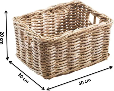 A wicker basket with dimensions indicated by measurement lines and text.